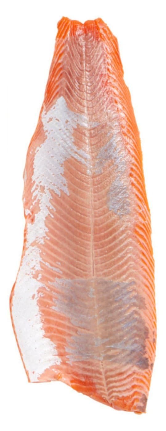 Standard skin-off salmon side with the grey fat layer still attached